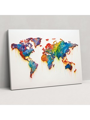 Popcas Su Rengi Dünya Haritası Kanvas Tablo - Dünya Haritası Canlı Fırça Darbeleri Doğadan Esinlenen