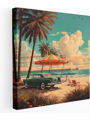Popcas Retro Sahil Manzaralı Kanvas Tablo - Ev Dekorasyonu Için Retro Tasarım