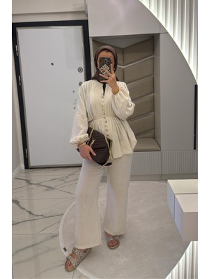 Kadın Bej Keten Kumaş Brit Düğmeli Tesettür Takım