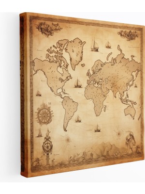 Popcas Eski Pergament Dünya Haritası Kanvas Tablo - Dünya Haritası Duvar Dekorasyonu Ev Dekorasyonu Solmuş Kenarlar