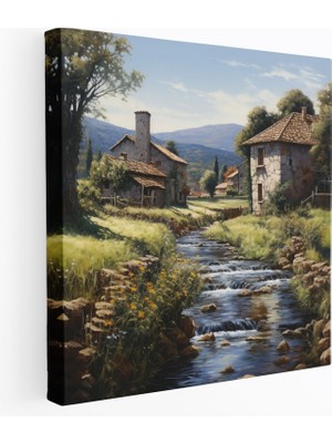 Popcas Eski Taş Köyü Yağlı Boya Kanvas Tablo - Köy Yağlı Boya Eski Taş Evler