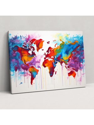 Popcas Soyut Dünya Haritası Kanvas Tablo - Dünya Haritası Soyut Canlı Renk Sıçramaları