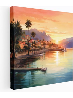 Popcas Kıyı Gün Batımı Kasaba Kanvas Tablo - Gün Batımı Göz Alıcı Manzara Ev Dekorasyonu Duvar Dekorasyonu
