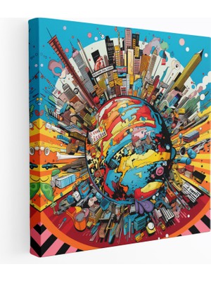 Popcas Yüksek Kaliteli Kanvas Tablo - Pop Art Dünya Haritası - Dünya Haritası Kanvas Duvar Dekorasyonu