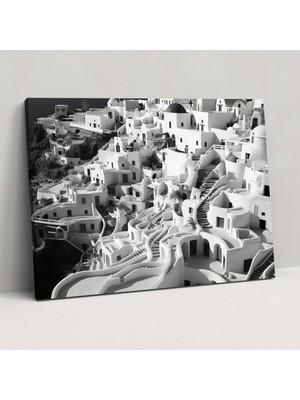Popcas Santorini Manzara Tablosu - Havadan Siyah Beyaz Fotoğraf Kanvas Tablo - Ev Dekorasyonu Duvar Sanatı