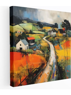 Popcas Canlı Köy Manzarası Soyut Kanvas Tablo - Köy Kanvas Tablo Ev Dekorasyonu Canlı Renkler