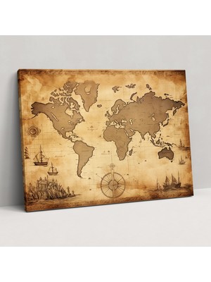 Popcas Vintage Dünya Haritası Kanvas Tablo - Dünya Haritası Duvar Dekorasyonu Vintage Tarz Antika Harita Illüstrasyonu