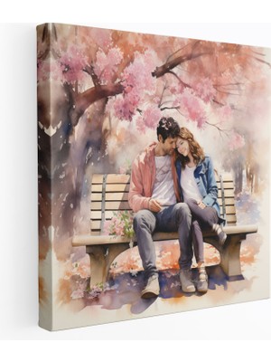 Popcas Romantik Park Bankı Duvar Sanatı - Romantik Kanvas Tablo Çiçekler Açan Sanat