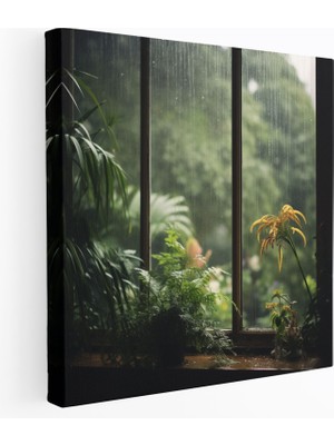 Popcas Yağmurlu Pencere Manzaralı Kanvas Tablo Duvar Dekorasyonu - Yağmur Ev Dekorasyonu Lush Bahçe