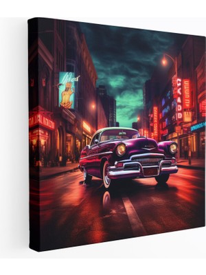 Popcas Retro Neon Işıklı Kanvas Tablo - Retro Duvar Dekorasyonu Ev Dekorasyonu Şehir Sokak
