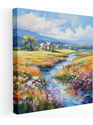Popcas Çiçek Açan Tarla Köyü Izlenimci Kanvas Tablo - Köy Renkli Evler Duvar Dekorasyonu Kanvas Duvar Sanatı