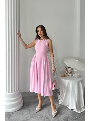 Hynova Pembe Yanları Büzgülü Midi Boy Keten Elbise