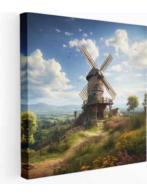 Popcas Rustik Rüzgar Değirmeni Kanvas Tablo - Vintage Dekorasyon Duvar Süsü