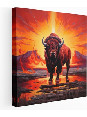 Popcas Kırmızı Hintli Duvar Sanatı - Günbatımında Asil Büyük Boğa - Hintli Büyük Boğa Ev Dekorasyonu