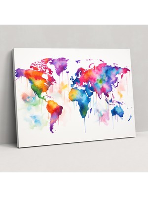Popcas Modern Suluboya Dünya Haritası Duvar Sanatı - Dünya Haritası Çağdaş Canlı Renkler