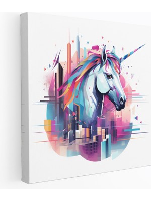 Popcas Geometrik Tek Boynuzlu At Kanvas Tablo - Tek Boynuzlu At Gelecek Şehir Manzarası Soyut Dijital Illüstrasyon Duvar Dekorasyonu
