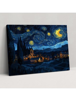 Popcas Vincent Van Gogh Yıldızlı Gece Köyü Kanvas Tablo - Ev Dekorasyonu Tuval Duvar Sanatı