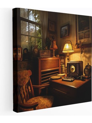Popcas Retro Radyo Çalışma Odası Kanvas Tablo - Antika Mobilyalar Retro Sıcak Çalışma Odası