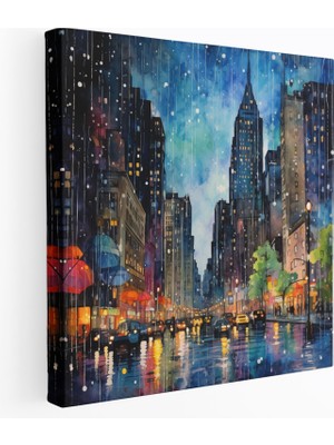 Popcas Yağmurlu Şehir Kanvas Tablo - Fırtına Kanvas Duvar Sanatı Yağmur Damlaları Masalsı Suluboya Resim