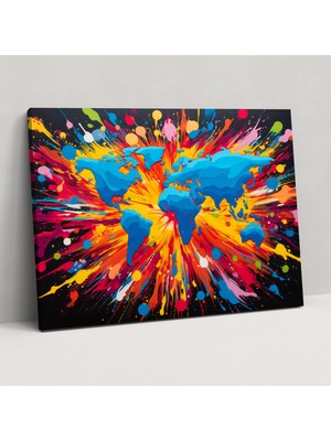 Popcas Pop Art Dünya Haritası Kanvas Tablo - Dünya Haritası Ev Dekorasyonu Kanvas Duvar Sanatı Enerjik