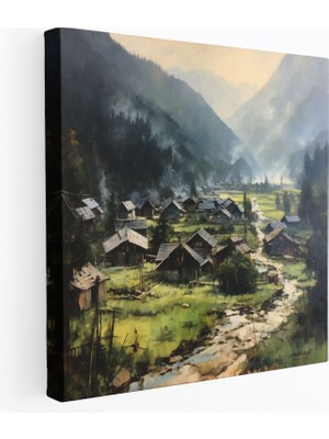 Popcas Huzur Veren Köy Manzarası Kanvas Tablo - Rustik Dağ Vadisi Duvar Sanatı - Köy Huzur Ev Dekorasyonu Duvar Sanatı