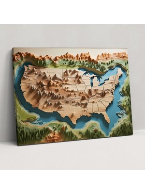 Popcas Amerika Birleşik Devletleri Haritası Kanvas Tablo - Doğal Manzara - Amerika Birleşik Devletleri Haritası Kıyı Hatları Duvar Dekorasyonu