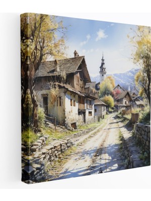 Popcas Kırsal Huzur Manzarası Kanvas Tablo - Köy Kanvas Duvar Dekorasyonu Gerçekçi Suluboya Resim