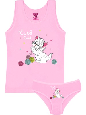 Öts Kız Çocuk Atlet Külot Likralı Pembe Kedi (%96 Pamuk - %4 Elastan)