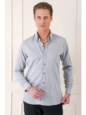 Efor Slim Fit Düğmeli Yaka Dokulu %100 Pamuk Klasik Açık Gri Gömlek Gk 724
