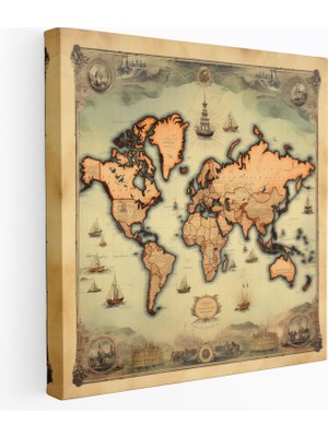 Popcas Dünya Haritası Kanvas Tablo - Vintage Harita Illüstrasyonu - Dünya Haritası Antika Tarz Kanvas Duvar Sanatı