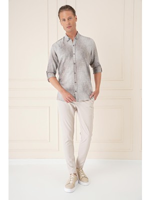 Comfort Fit Batik Desen %100 Keten Bej Gömlek G 1571