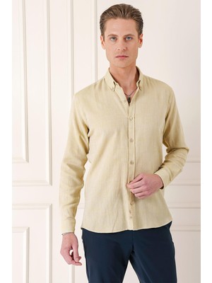 Slim Fit Düğmeli Yaka %100 Pamuk Klasik Limon Gömlek Gk 723