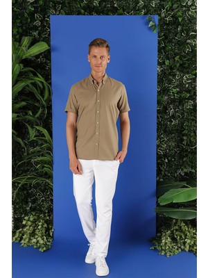 G 1556 Slim Fit Haki Klasik Gömlek