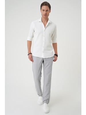 Efor Slim Fit Gofre Kumaş Desenli Uzun Kol Beyaz Gömlek  G 1592