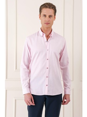 Efor Erkek Slim Fit Düğmeli Yaka Dokulu %100 Pamuklu Klasik Pudra Gömlek Gk 724