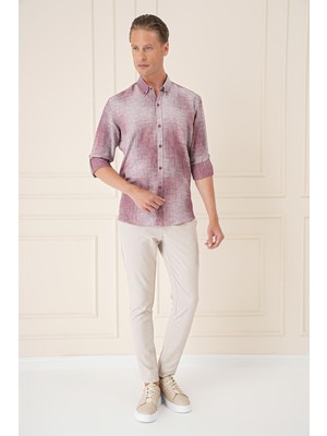 Efor Erkek Comfort Fit Batik Desen %100 Keten Bordo Gömlek G 1571