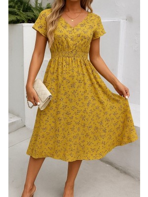 Hynova Kadın Kısa Kollu Kruvaze Yaka Beli Lastikli Çiçek Desenli Elbise