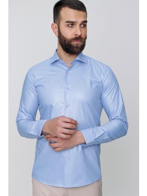 Efor Erkek Slim Fit Pamuk Saten Uzun Kol Klasik Mavi Gömlek Gk 157