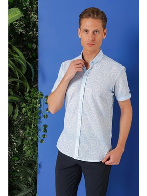 Efor Erkek Slim Fit Düğmeli Yaka Desenli Kısa Kol Pamuk Mavi Gömlek G 1503