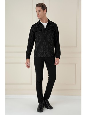 Efor Erkek Slim Fit Yan Cep Etnik Desenli Çıtçıtlı Pamuklu Siyah Gömlek Ceket G 1578