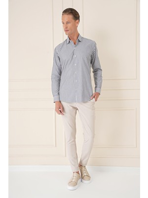 Slim Fit Dikine Çizgili %100 Pamuk Klasik Lacivert Beyaz Gömlek Gk 721