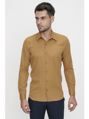 Slim Fit Pamuk Saten Klasik Taba Gömlek  Gk 624