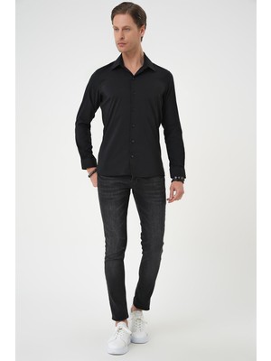 Slim Fit Erkek Yaka Esnek Pamuk Klasik Beyaz Siyah Gömlek Gk 737