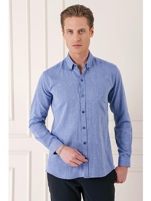 Slim Fit Düğmeli Yaka %100 Pamuk Klasik Mavi Gömlek Gk 723