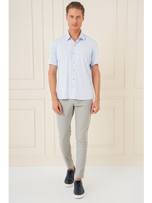 Comfort Fit Spor Yaka Kısa Kol Esnek Pamuk Mavi Gömlek G 1573