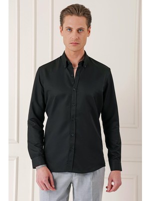 Efor Erkek Slim Fit Düğmeli Yaka Dokulu Pamuklu Siyah Gömlek Gk 717