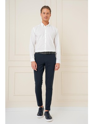 Efor Slim Fit Düğmeli Yaka Dokulu %100 Pamuk Klasik Beyaz Gömlek Gk 726