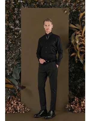 Efor Erkek Slim Fit Yaka Zincirli %100 Pamuk Düz Siyah Gömlek GK 704