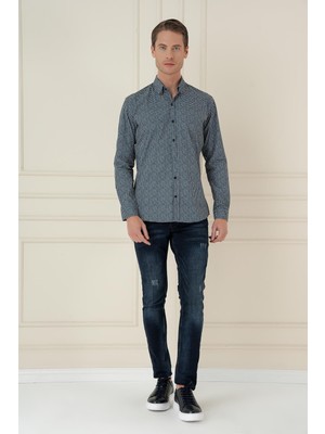 Efor Erkek Slim Fit Baskılı %100 Pamuk Spor Lacivert Gömlek  G 1587