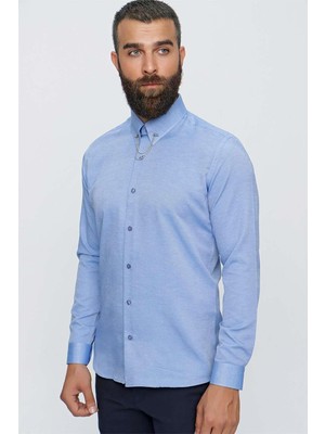 Efor Erkek Slim Fit %100 Pamuk Yaka Zincirli Uzun Kollu Mavi Gömlek GK 647